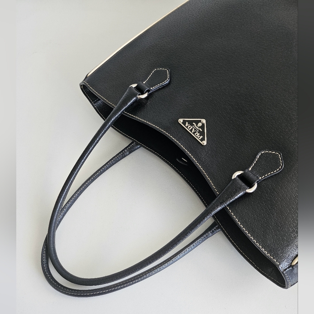 Prada Triangle Logo Black Leather Tote - Picture 7 of 13